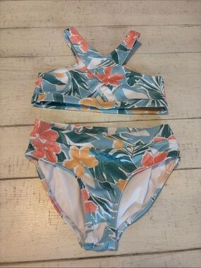 Abercrombie Kids Floral Cross-Back Girls' Bikini Set in Teal and Coral